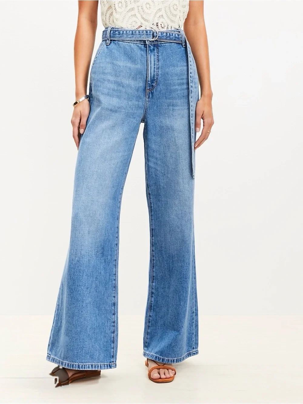 LOFT - Belted Light Blue Denim The Palazzo Wide Leg Flare Size 31 /12 - Picture 1 of 8